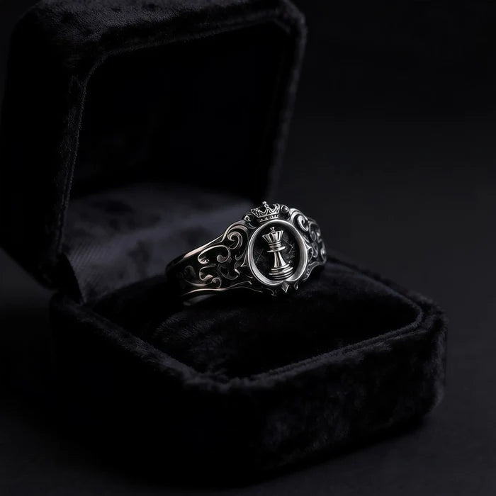 Chess Queen Ring — crowned gold queen chess piece signet in 925 sterling silver, full view