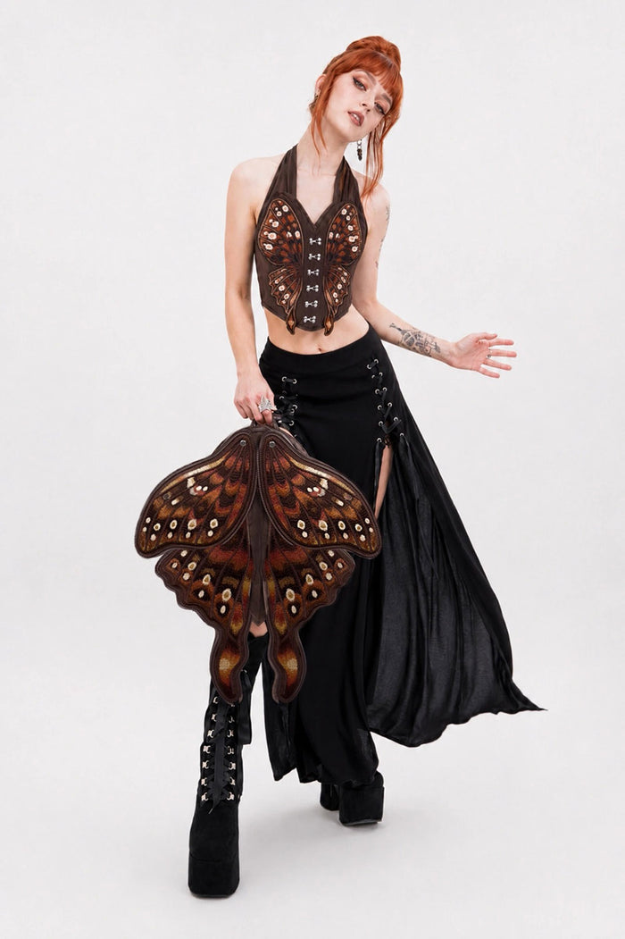 brown dark cottagecore moth wings corset top