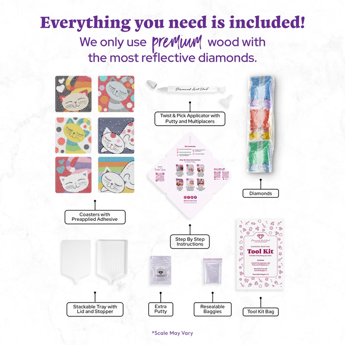 Diamond Painting Coasters - Cats 4" x 4" (10cm x 10cm) / Round with 17 Colors including 1 AB and 16 Iridescent Diamonds / 5,677