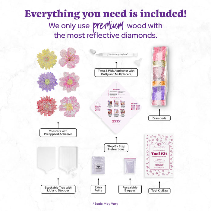 Diamond Painting Coasters - Flowers 4" x 4" (10cm x 10cm) / Round with 15 Colors including 3 ABs and 12 Iridescent Diamonds / 4,119