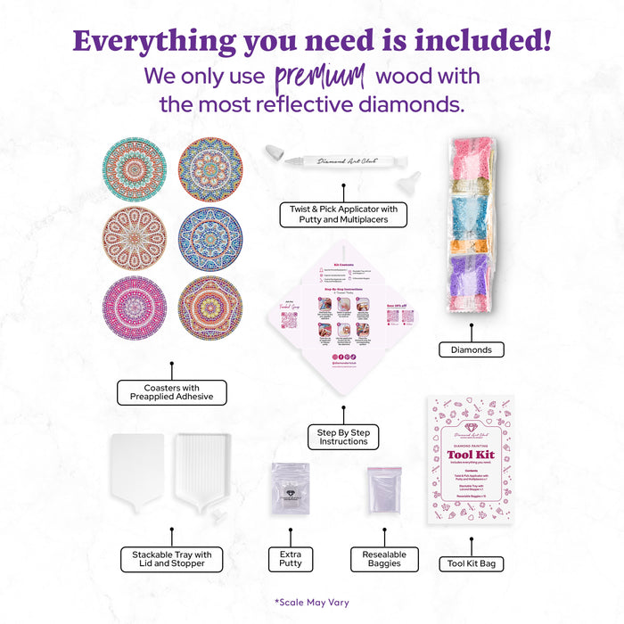 Diamond Painting Coasters - Mandalas 1 4" x 4" (10cm x 10cm) / Round with 12 Colors including 12 Iridescent Diamonds / 4,404