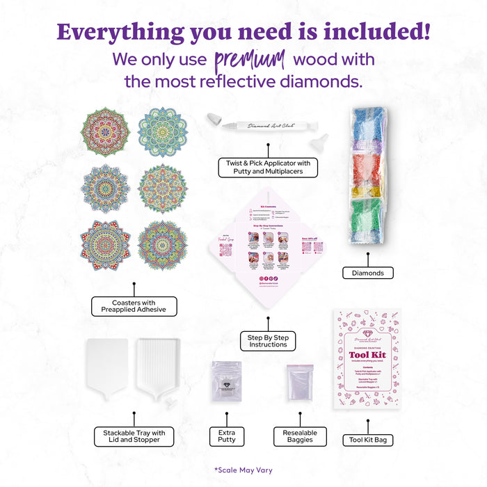 Diamond Painting Coasters - Mandalas 2 4" x 4" (10cm x 10cm) / Round with 7 Colors including 7 Iridescent Diamonds / 5,814