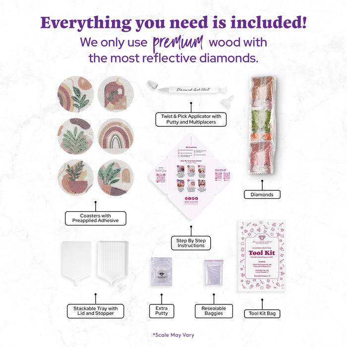 Diamond Painting Coasters - Plants 4" x 4" (10cm x 10cm) / Round with 9 Colors including 9 Iridescent Diamonds / 5,089