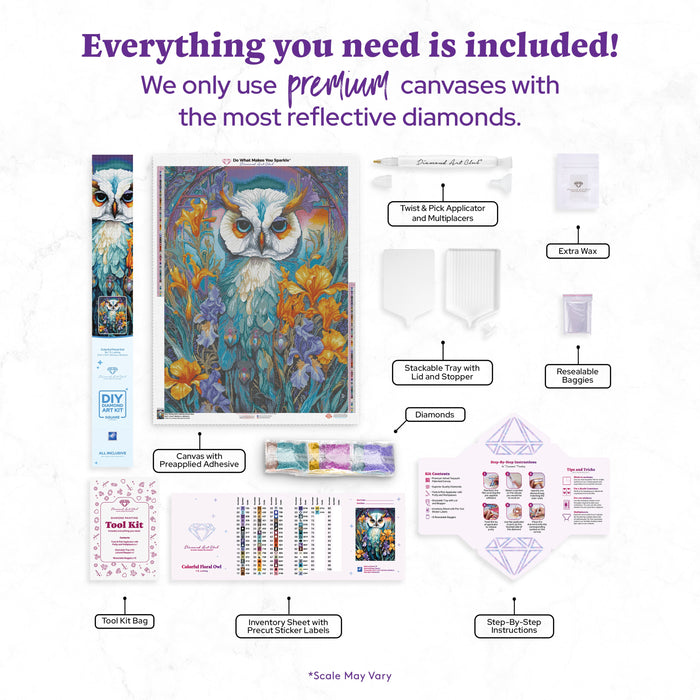 Diamond Painting Colorful Floral Owl 25.6" x 34.3" (65cm x 86.9cm) / Square With 70 Colors Including 2 ABs and 3 Fairy Dust Diamonds / 91,089