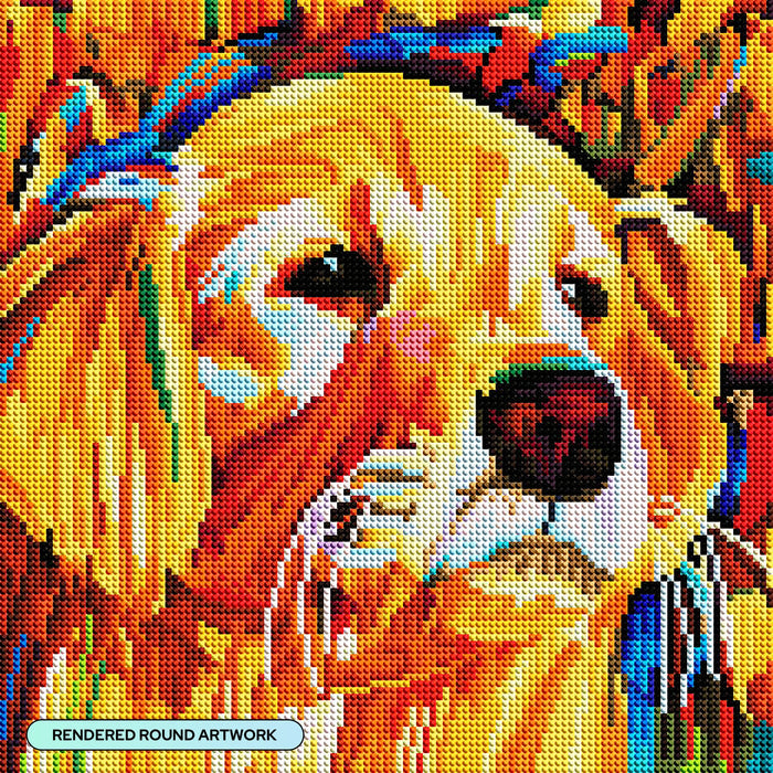 Diamond Painting Colorful Golden Retriever 13" x 13" (32.8cm x 32.8cm) / Round with 41 Colors including 3 ABs and 2 Fairy Dust Diamonds / 13,689