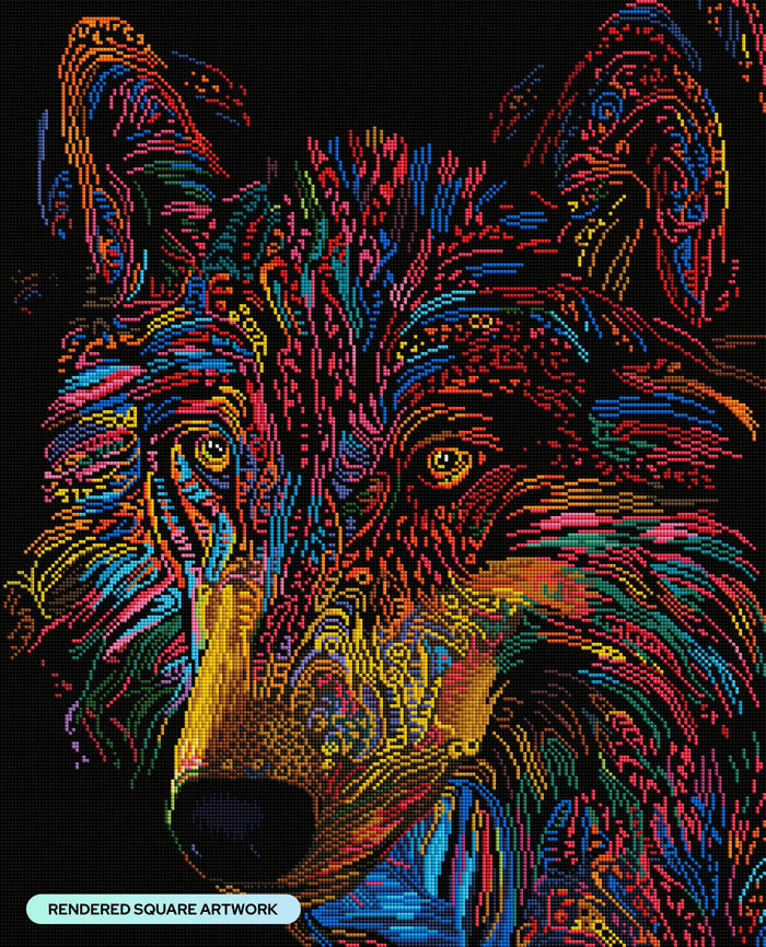 Diamond Painting Colorful Wolf 22" x 27" (55.8cm x 69cm) / Square with 44 Colors including 4 ABs including 2 Fairy Dust Diamonds / 62,048