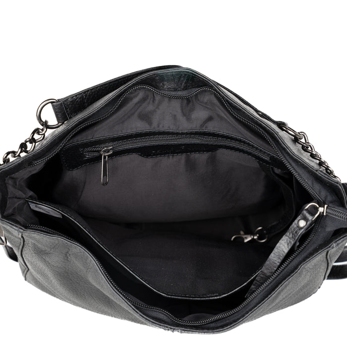Concealed Carry Ava Leather Hobo by Lady Conceal, Ambidextrous Firearm Chained Bag with Universal Holster, Key Strap for Keys, Locking Gun Bag, Gun Safe Bag