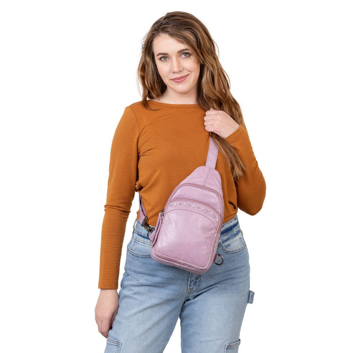 Concealed Carry Haven Sling Leather Backpack by Lady Conceal - Jeweled Leather Backpack -Universal Holster Backpack - Leather Gun Safe Bag - Ambidextrous - Tactical ED Carry Bag- CCW Purse - Womens Gun Bag - Ambidextrous Concealed Carry - Locking Gun Safe - Lady Concealed Carry