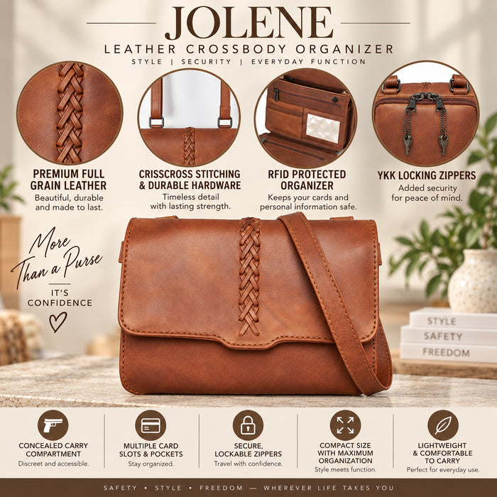 A Jolene leather crossbody organizer bag is shown on a styled tabletop with close-up feature callouts around it. The product is medium brown leather with braided strap details, multiple card slots, a concealed compartment, RFID protection, and YKK locking zippers.
