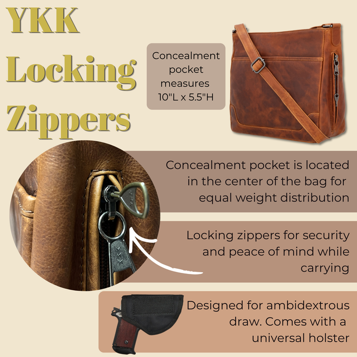 Concealed Carry Lydia Leather Crossbody -  YKK Locking Zippers and Universal Holster -  Soft Leather conceal and carry bag -  Tactical womans purse for pistol -  Concealed Carry Purse -  most popular crossbody bag -  crossbody handgun bag -  crossbody bags for everyday use -  Lady Conceal -  Unique Hide Purse -  Locking YKK Purse -  Fanny Pack for Gun and Pistol -  Easy CCW -  Fast Draw Bag -  Secure Gun Bag