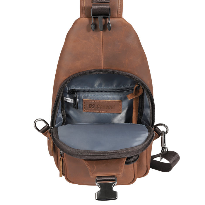 Concealed Carry Xander Leather Sling by DS Conceal — Unisex CCW Sling Bag with YKK Locking Zipper, Universal Holster & Rapid Draw Access