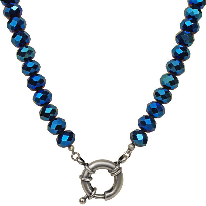 Cosmic Crystal 10mm Beaded Sailor Clasp Necklace (Silver Ox/Cosmic Blue)