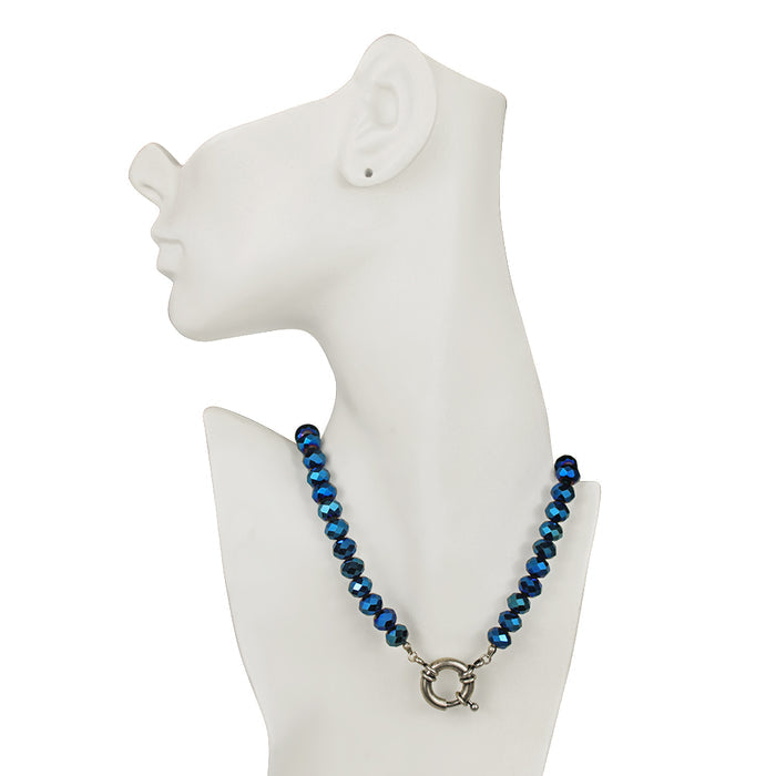 Cosmic Crystal 10mm Beaded Sailor Clasp Necklace (Silver Ox/Cosmic Blue)