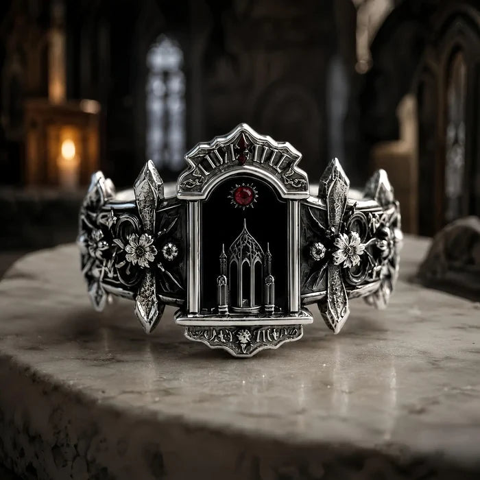 Gothic altar ring in oxidized sterling silver, cathedral arch portal set with a crimson moissanite, front view