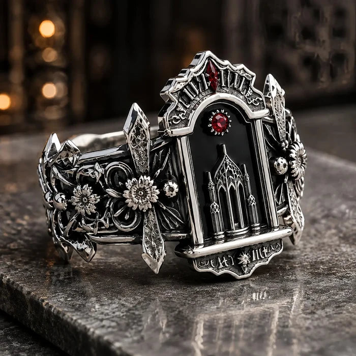 Angled view of the Crimson Portal altar ring, red rose-cut moissanite crowning a Gothic cathedral arch