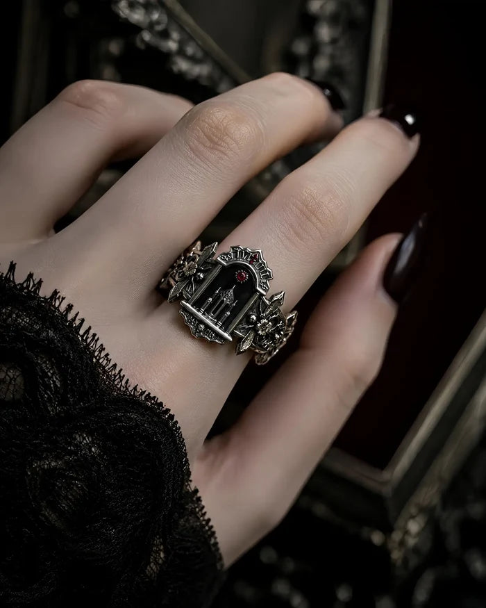 Model wearing the Crimson Portal Gothic altar ring, oxidized sterling silver statement ring on the hand
