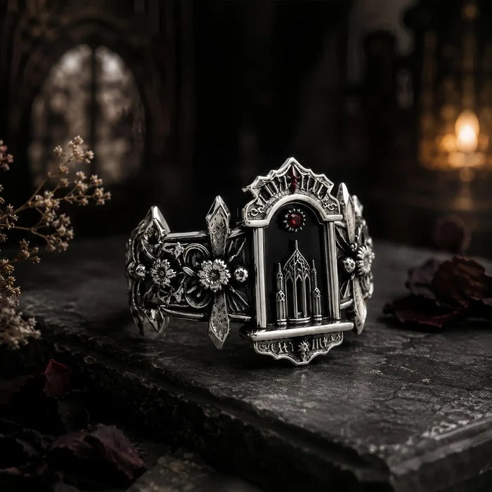 Crimson Portal altar ring displayed on a stone pedestal, Gothic cathedral architecture jewelry