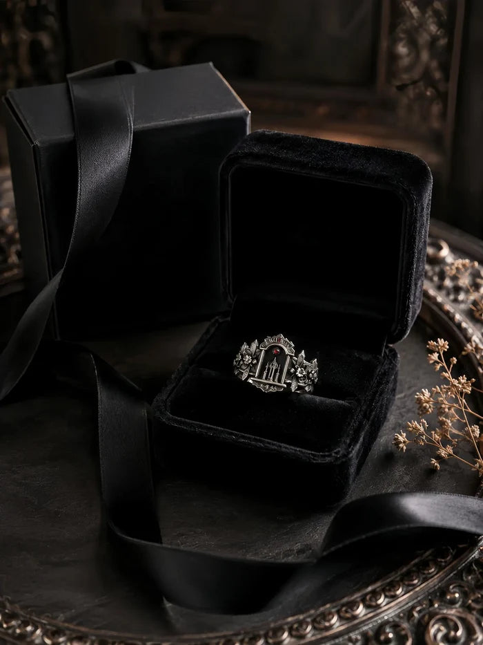 Oxidized sterling silver Gothic altar ring with rose-cut crimson moissanite, dark academia statement ring