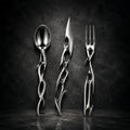 Cyber Baroque gothic-futurist cutlery set — mirror-polished spoon, knife and fork with biomorphic thorn handles on a dark wall