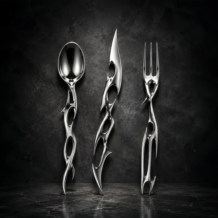 Cyber Baroque gothic-futurist cutlery set — mirror-polished spoon, knife and fork with biomorphic thorn handles on a dark wall