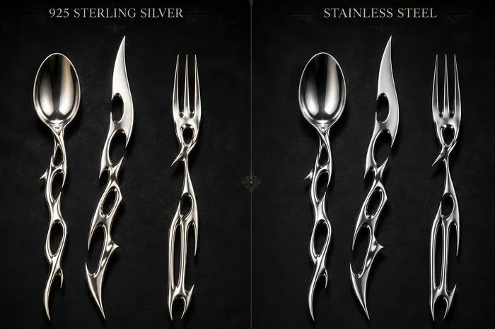 Side-by-side comparison of the cutlery set in 925 sterling silver and polished stainless steel