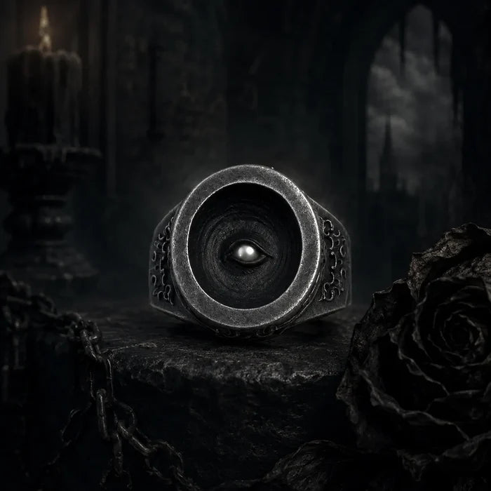 Cyclops Ring — an all-seeing eye signet in oxidized 925 sterling silver, domed pupil in a weathered bowl, gothic setting