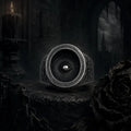 Cyclops Ring — an all-seeing eye signet in oxidized 925 sterling silver, domed pupil in a weathered bowl, gothic setting