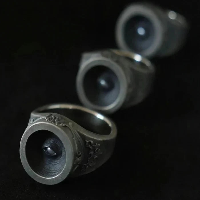 Cyclops eye ring detail, oxidized sterling silver with baroque relief shoulders