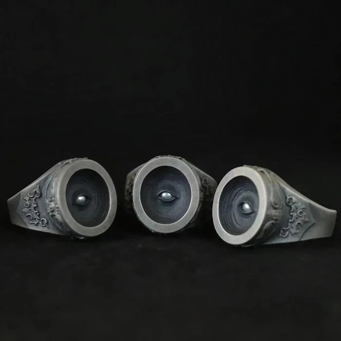Cyclops all-seeing eye signet ring, hand-finished oxidized sterling silver, angled view