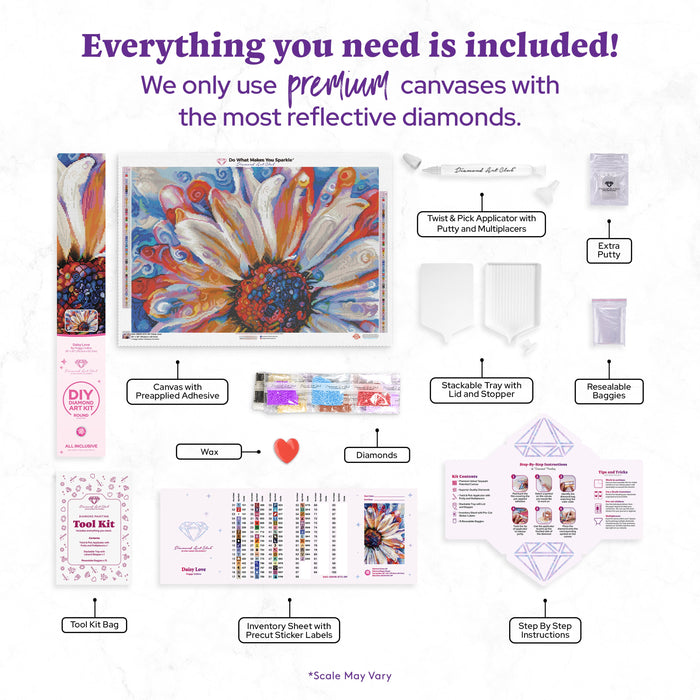 Diamond Painting Daisy Love 30" x 20" (76cm x 50.7cm) / Round with 64 Colors including 3 ABs and 1 Fairy Dust Diamonds / 49,051