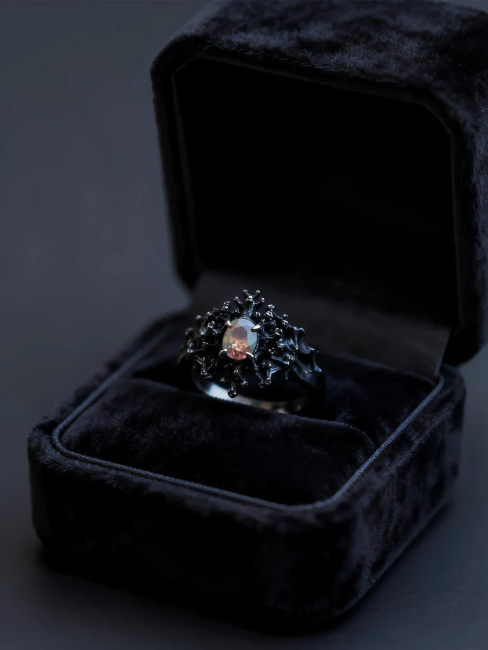 Dark Bloom gothic dark-naturalism statement ring in oxidized 925 sterling silver, full view