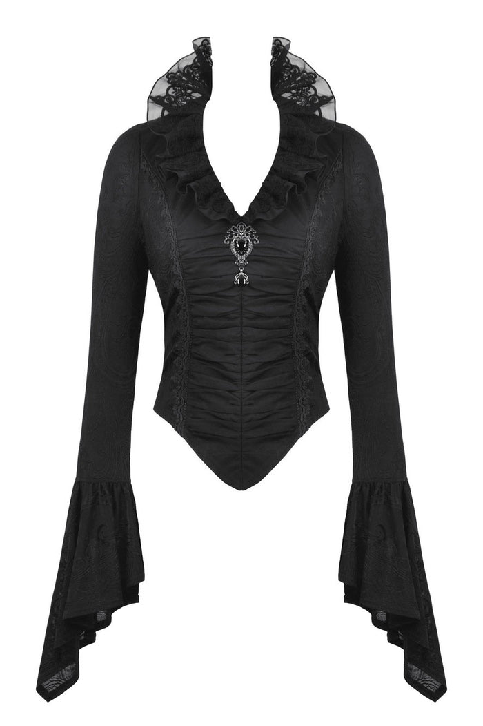 Black long-sleeve gothic-style top with ruffled collar, lace shoulder details, ruched front, and flared bell sleeves, shown on a white background.