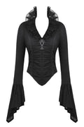 Black long-sleeve gothic-style top with ruffled collar, lace shoulder details, ruched front, and flared bell sleeves, shown on a white background.