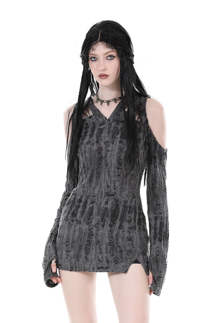 long grey cotton shredded top