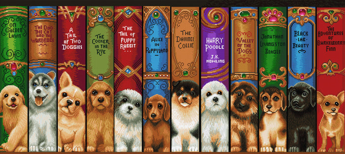 Diamond Painting Dog Bookshelf 49" x 22" (125cm x 56cm) / Square with 53 Colors including 4 ABs / 112,224