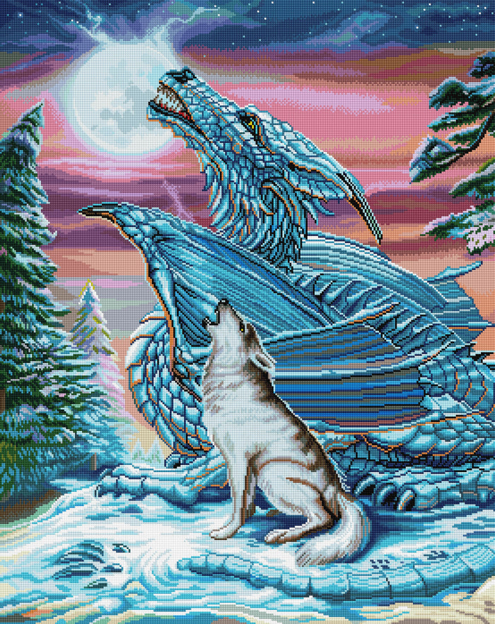 Diamond Painting Dragon Wolf Moon (Moon Song) 27.6" x 34.7" (70cm x 88cm) / Square with 62 Colors including 4 ABs / 96,673