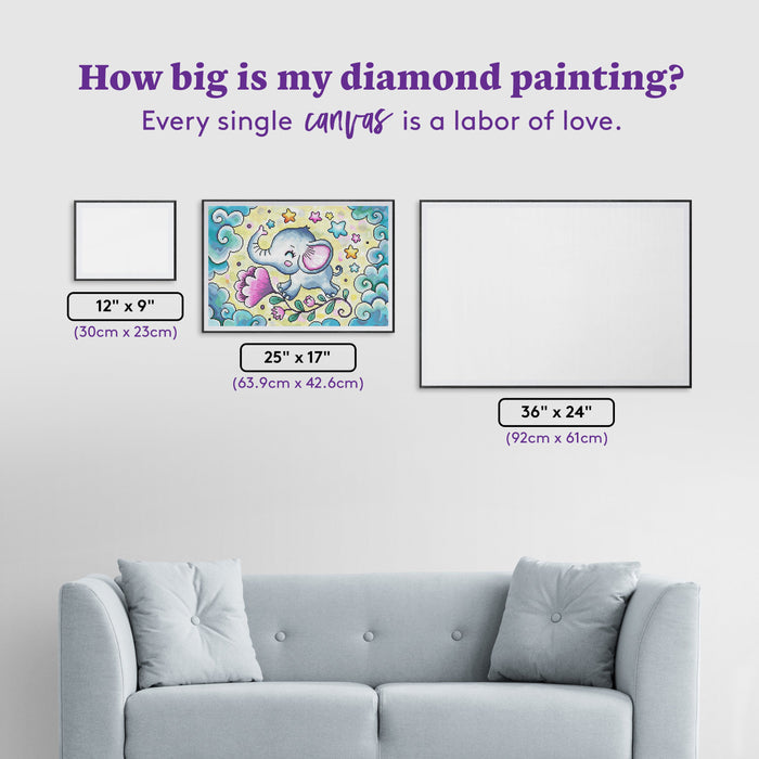 Diamond Painting Dreaming Elephant 25" x 17" (63.9cm x 42.6cm) / Round with 50 Colors including 2 ABs and 4 Fairy Dust Diamonds / 34,656