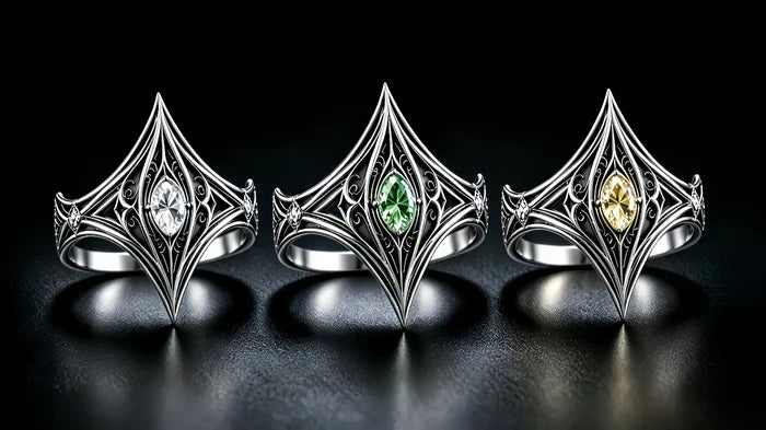 Elven Tear Ring shown in white, green, and yellow moissanite color options