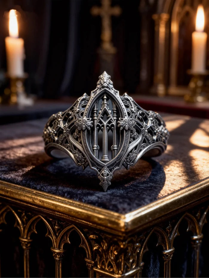 Gothic 925 sterling silver cathedral ring — Eternal Choir, deep oxidized patina front view
