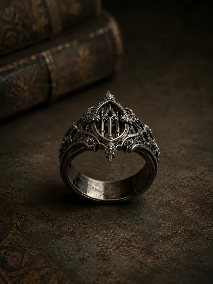 Eternal Choir gothic ring — sculptural openwork and pointed arch band, dark romantic jewelry