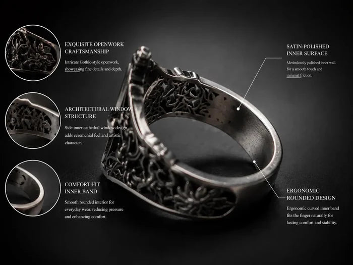 Cutaway detail of gothic cathedral ring — comfort-fit inner band, satin-polished interior, and architectural openwork craftsmanship, 925 sterling silver