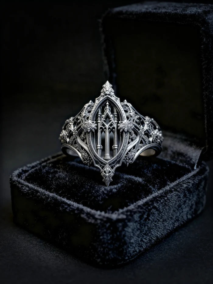 Eternal Choir ring side view — chiaroscuro light through openwork windows, 925 silver