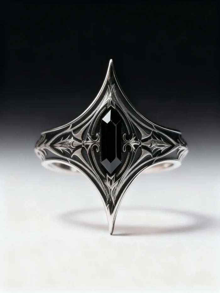 Gothic sterling silver ring with black onyx gemstone — Eternal Spire