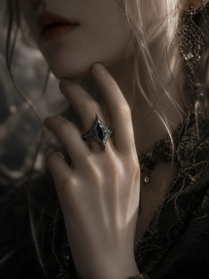 Eternal Spire ring on hand — gothic statement jewelry in sterling silver