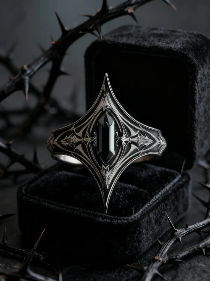 Side profile of gothic elven ring showing V-silhouette band detail