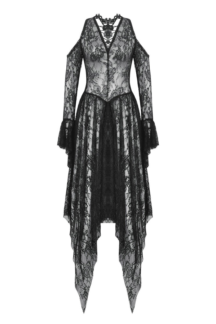 ruffled mesh lace cold shoulder embroidered dress