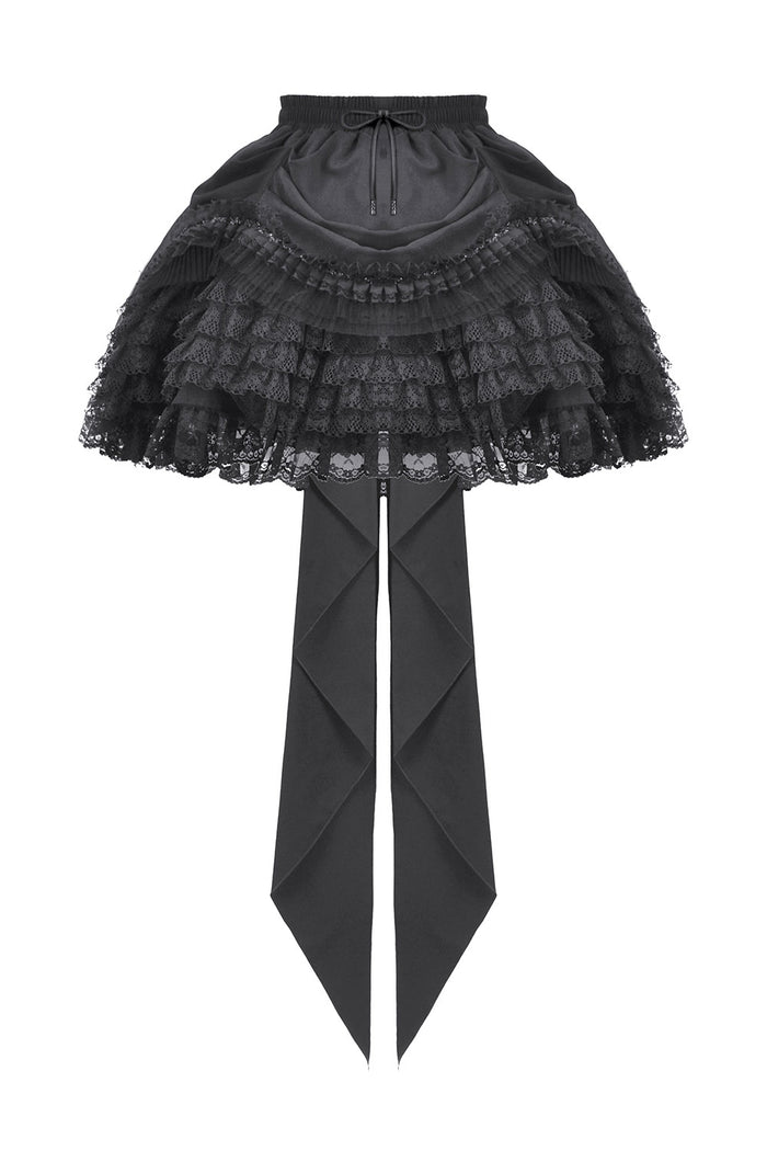 womens black layered ruffled skirt with attached train in the back