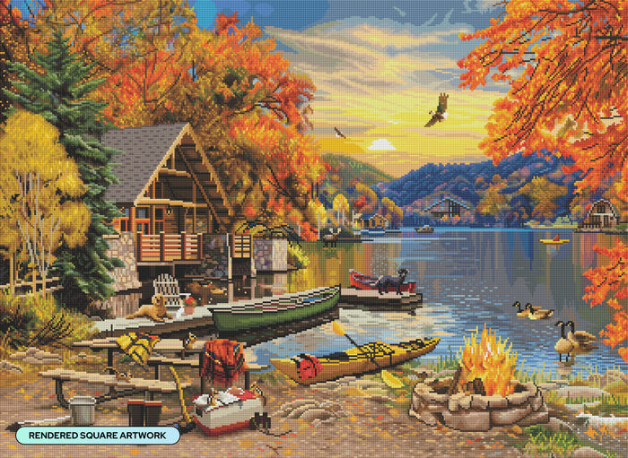 Diamond Painting Fall Cabin at the Lake 37.8" x 27.6" (95.8cm x 69.9cm) / Square with 92 Colors including 2 ABs and 5 Fairy Dust Diamonds / 108,185