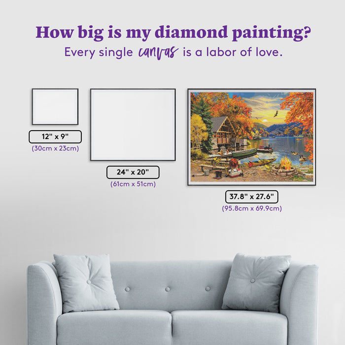 Diamond Painting Fall Cabin at the Lake 37.8" x 27.6" (95.8cm x 69.9cm) / Square with 92 Colors including 2 ABs and 5 Fairy Dust Diamonds / 108,185