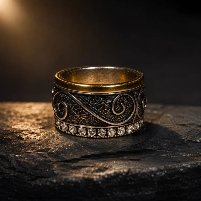 Filigree Pavé Ring, baroque wirework band with moissanite micro-pavé edge, gold and oxidized silver finish